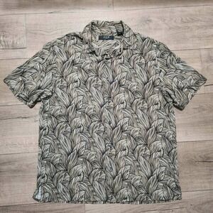 Axis LA Men Large 100% Silk Short Sleeve Button Down Shirt Abstract Leaf Tan Blk